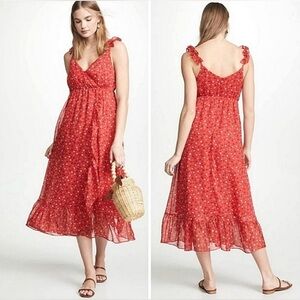 Madewell Women Ruffle Strap Flounce Midi Dress Red and Gold Floral Accents Sz:16